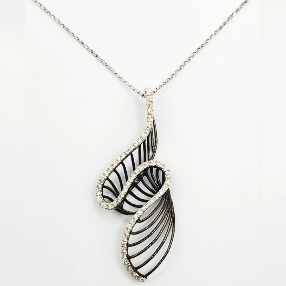 14k Solid White / Black Gold Genuine Round Diamond Swirl Pendant Necklace